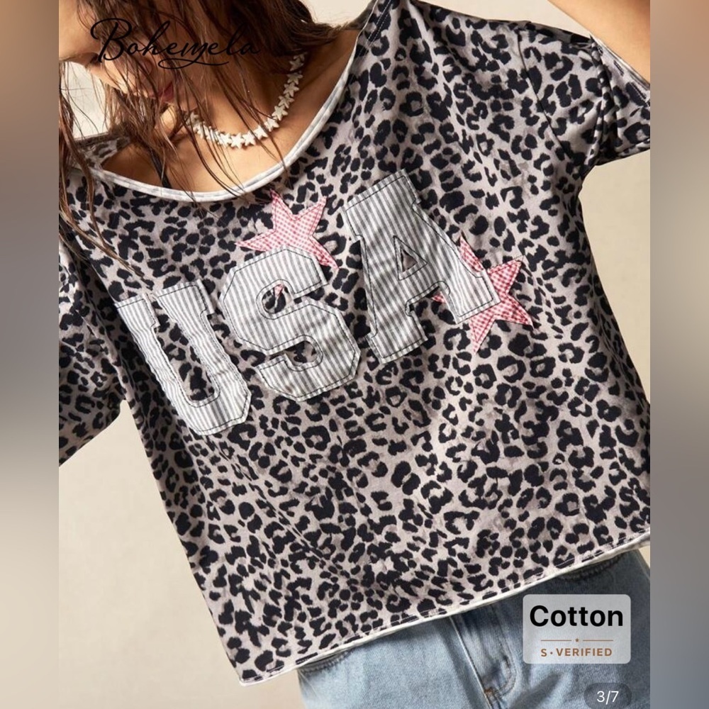LAST ONE Leopard Print USA Graphic Top